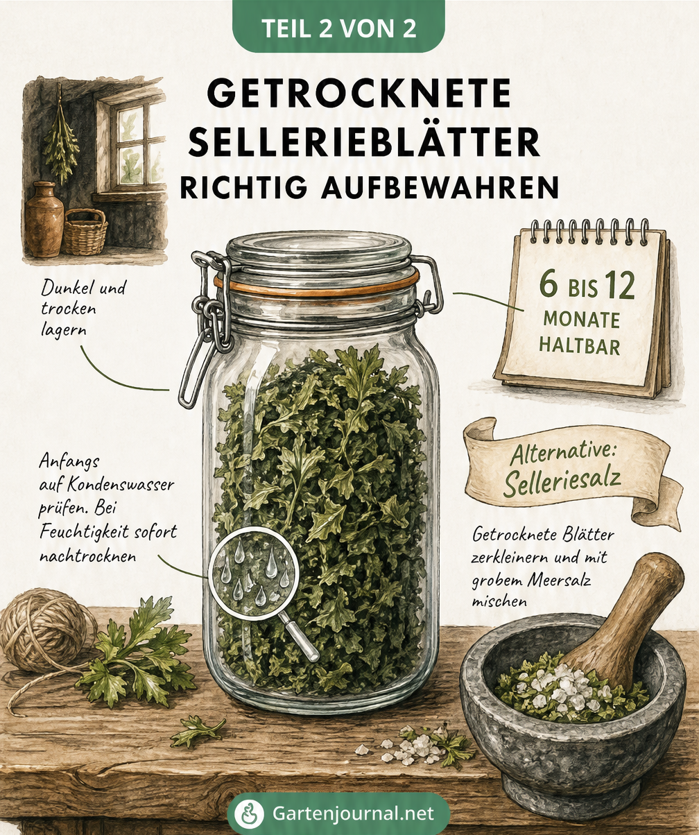 Illustration eines Bügelglases mit getrockneten Sellerieblättern in einer Vorratskammer, inklusive Tipps zur Lagerung und Haltbarkeit