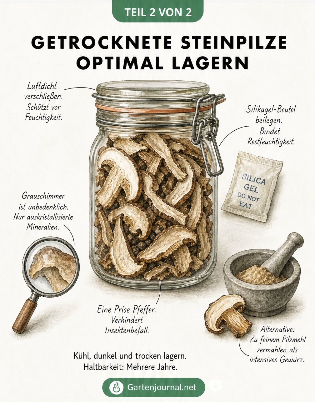Illustration eines Einmachglases gefüllt mit getrockneten Steinpilzen, inklusive Hinweisen zur luftdichten Lagerung und Haltbarkeit.