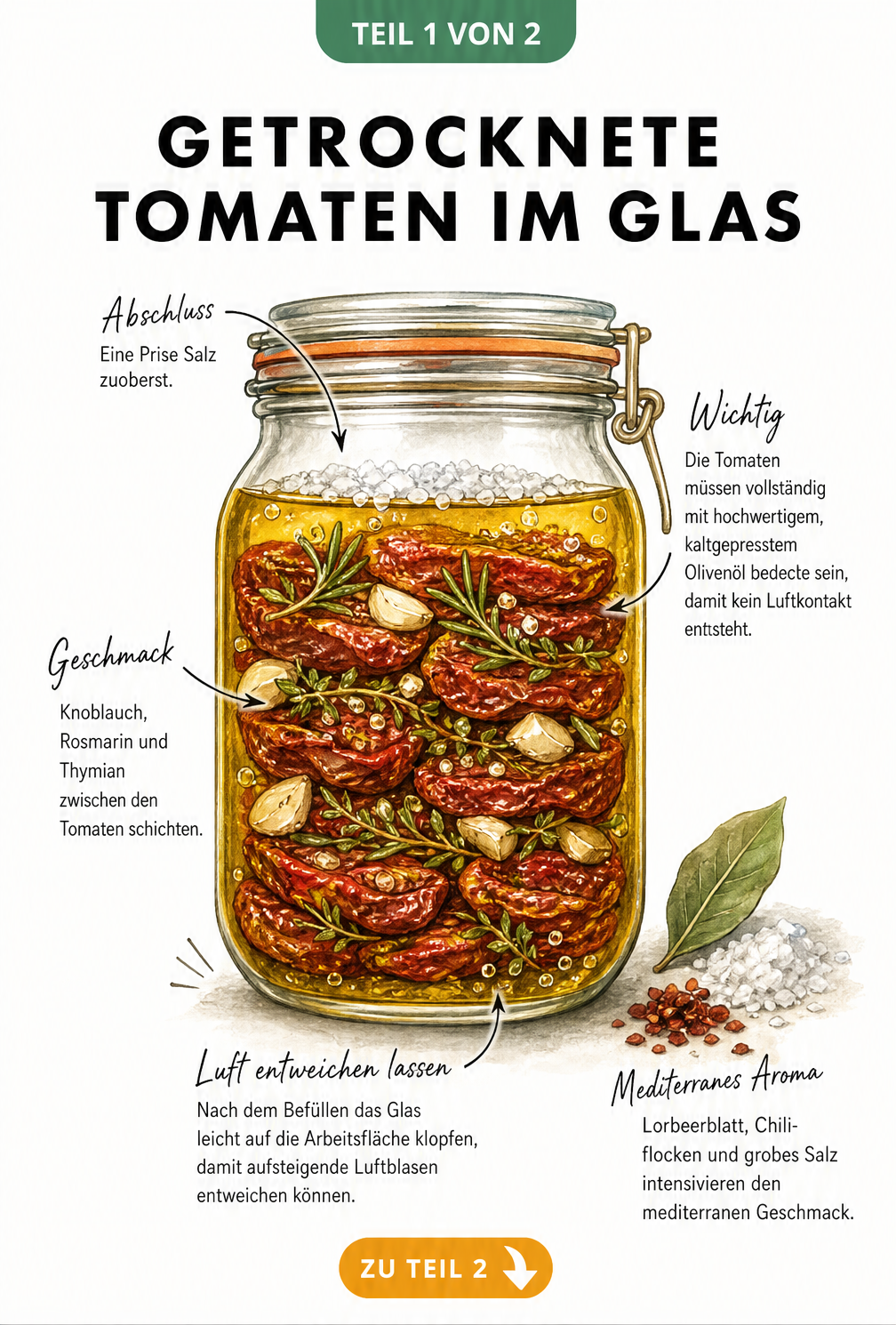 Querschnitt eines Einmachglases mit geschichteten getrockneten Tomaten, Knoblauch, Rosmarin und Olivenöl