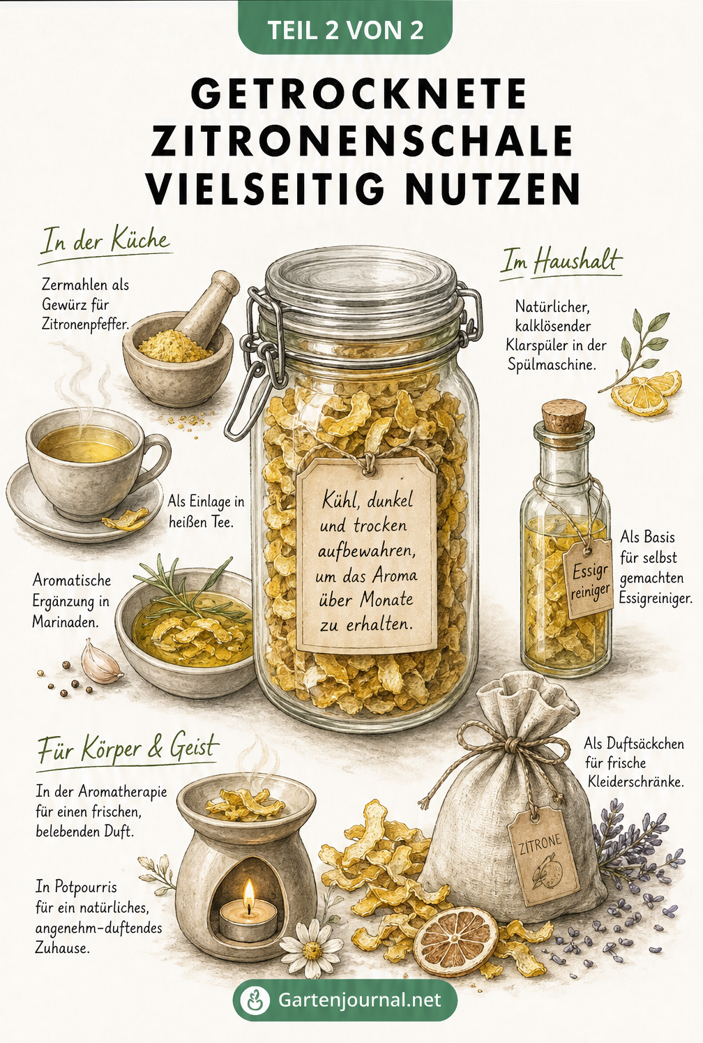 Illustration zur Lagerung und Verwendung von getrockneten Zitronenschalen in Küche, Haushalt und Wellness