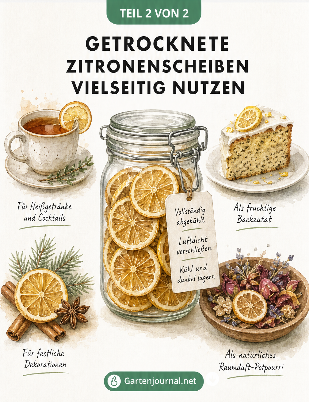 Illustration eines Drahtbügelglases mit getrockneten Zitronenscheiben und vier Verwendungsmöglichkeiten: Tee, Kuchen, Weihnachtsdeko und Potpourri
