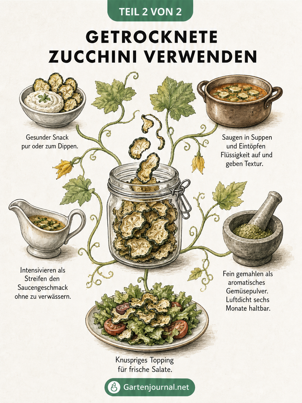 Aquarell-Illustration mit Ideen zur Verwendung von getrockneten Zucchini in Suppen, Saucen und als Snack
