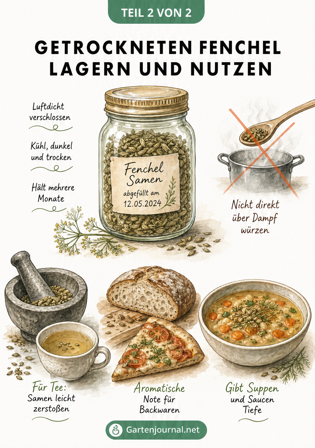 Illustration eines Apothekerglases mit getrocknetem Fenchel und Anwendungsbeispielen für Tee, Backwaren und Suppen.
