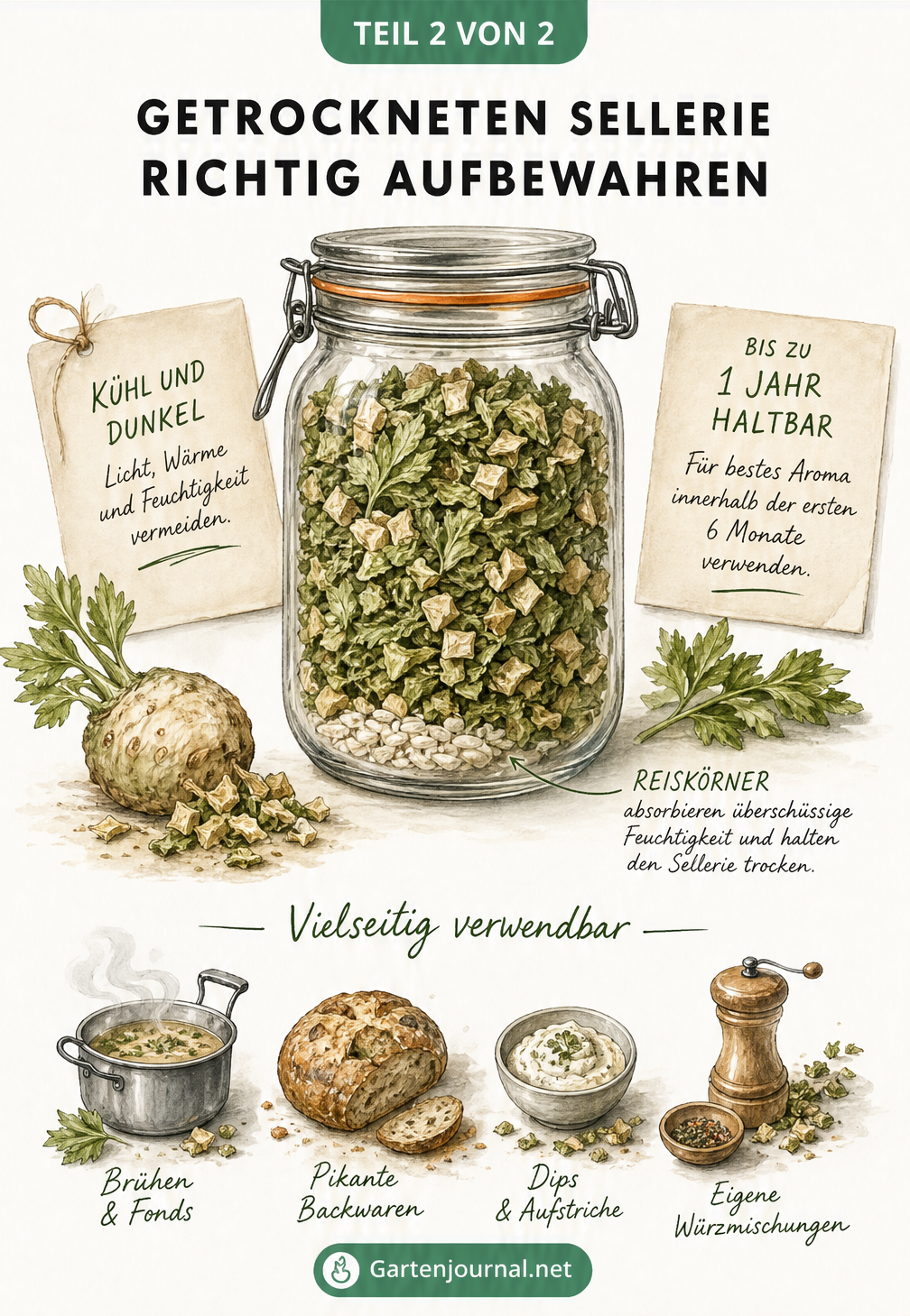 Illustration eines Vorratsglases mit getrocknetem Sellerie und Reiskörnern sowie Verwendungsmöglichkeiten