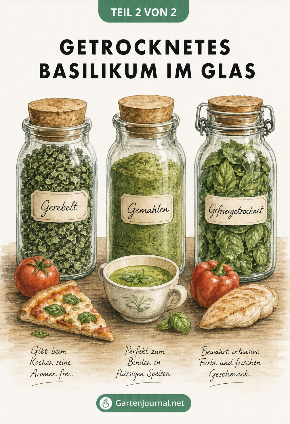 Drei Gewürzgläser mit gerebeltem, gemahlenem und gefriergetrocknetem Basilikum neben passenden Speisen