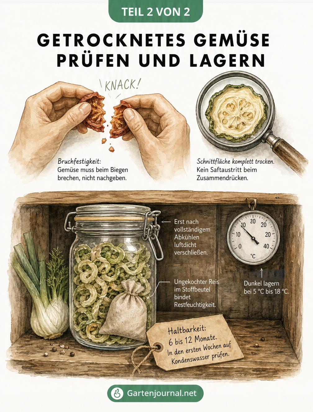 Illustration zur Prüfung und Lagerung von getrocknetem Gemüse mit Bruchtest, Drahtbügelglas, Reissäckchen und Thermometer.