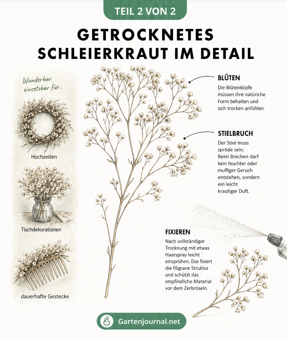 Detailzeichnung eines getrockneten Schleierkraut-Zweigs mit Hinweisen zu Blütenform, Stielbruch und der Fixierung mit Haarspray.