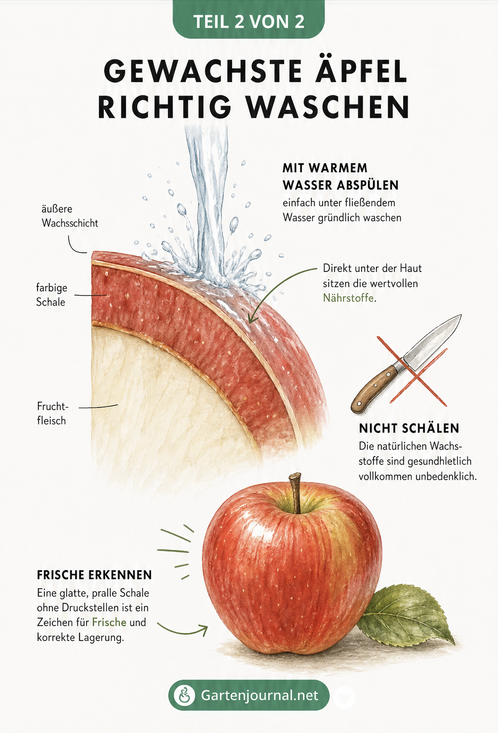 Anatomische Schnittdarstellung eines Apfels, die zeigt, wie man die Wachsschicht mit warmem Wasser abwäscht, ohne die Nährstoffe unter der Schale zu entfernen.