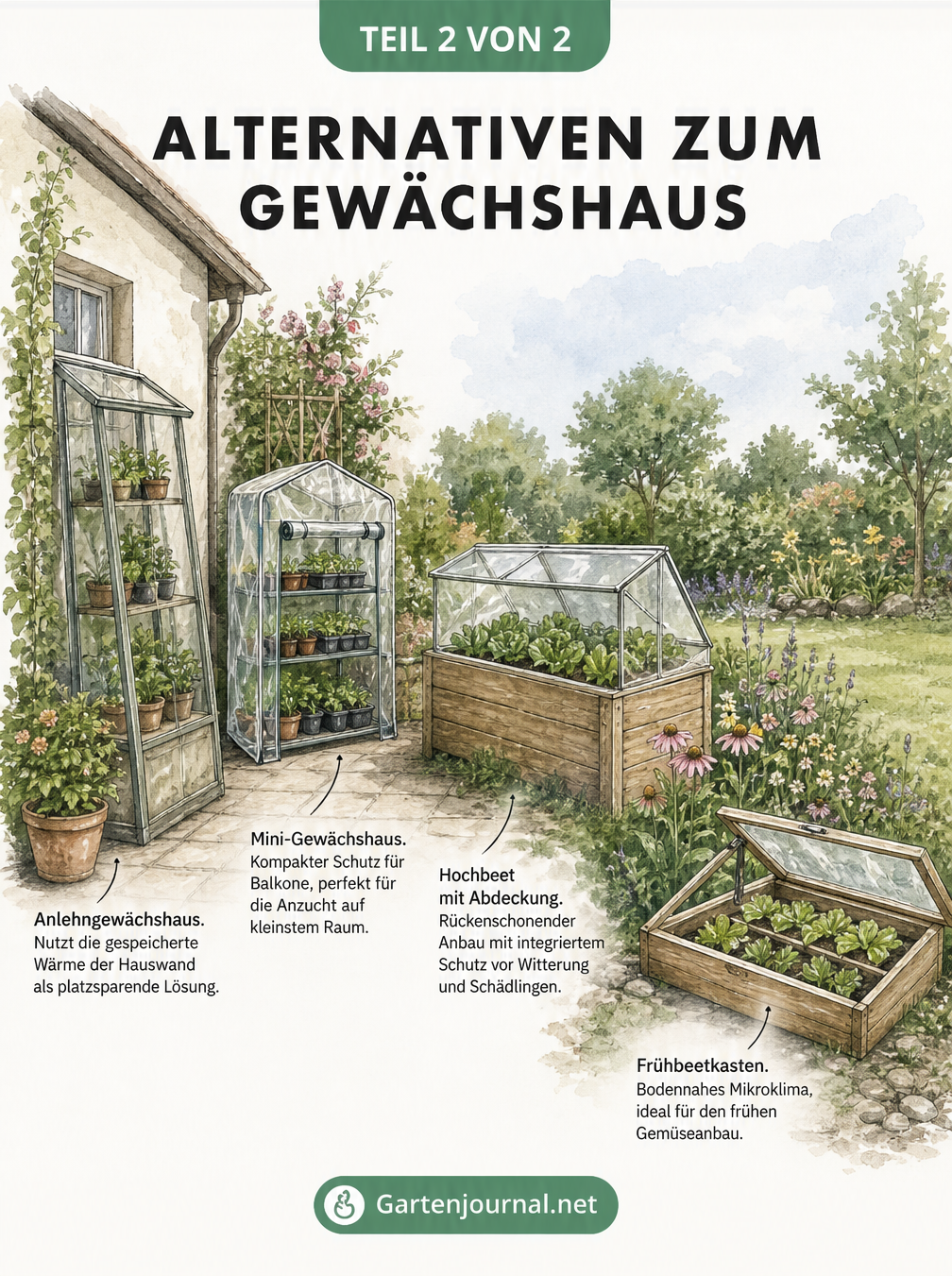 Skizze verschiedener Gewächshaus-Alternativen: Anlehngewächshaus, Mini-Gewächshaus, Hochbeet mit Abdeckung und Frühbeetkasten