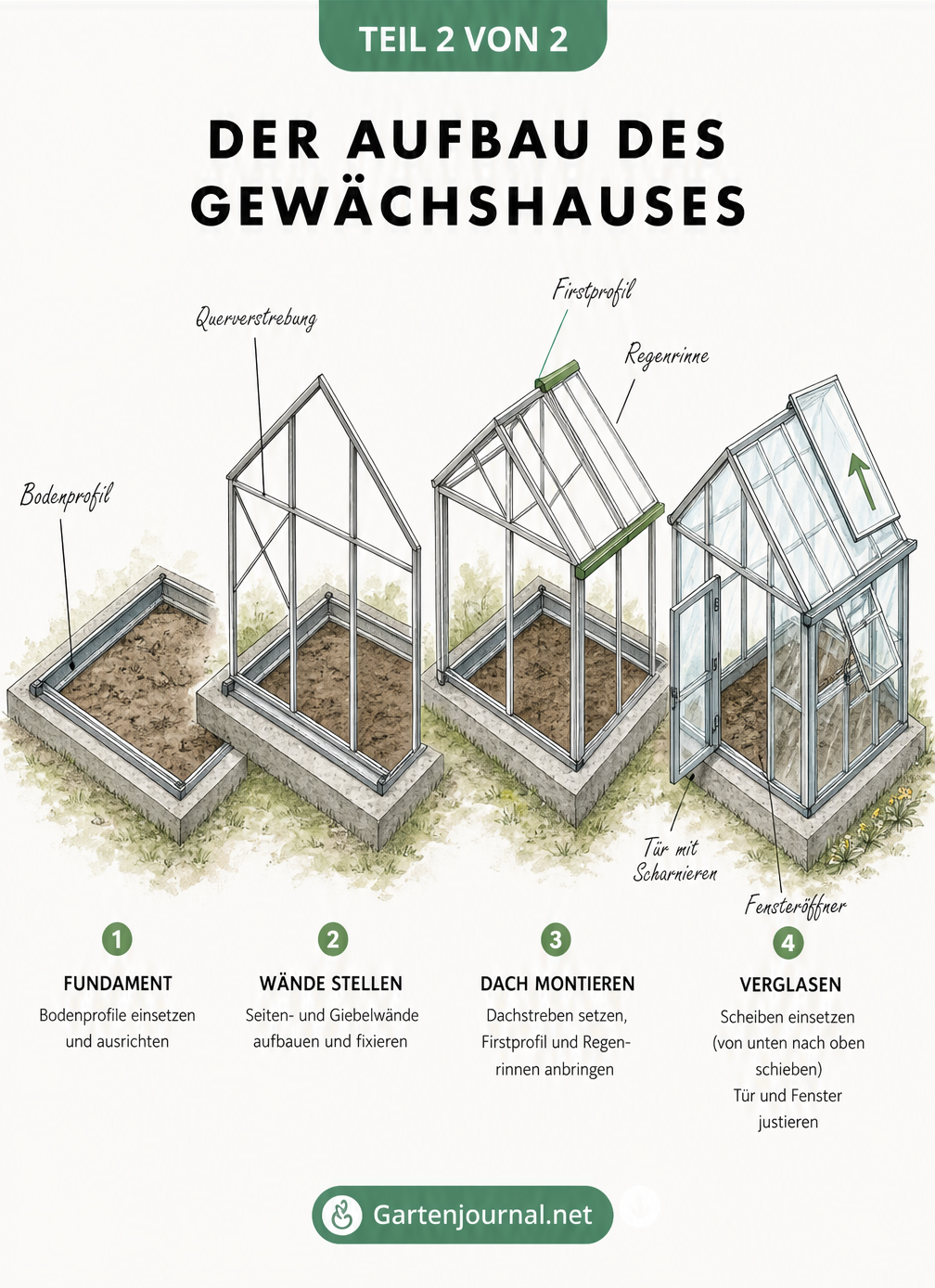 Isometrische Darstellung der vier Bauphasen eines Gewächshauses vom Fundament bis zur Verglasung