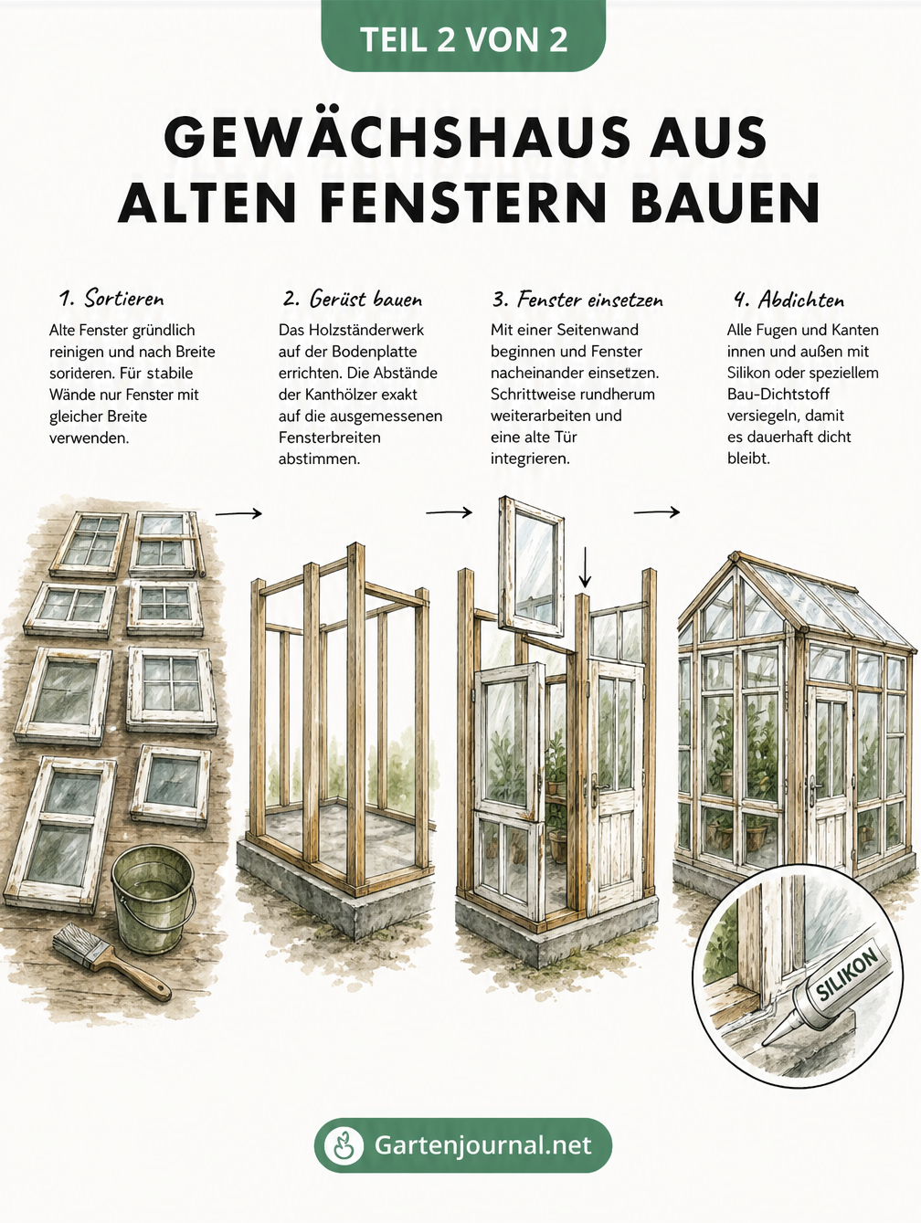 Gewächshaus aus alten Fenstern bauen als Infografik