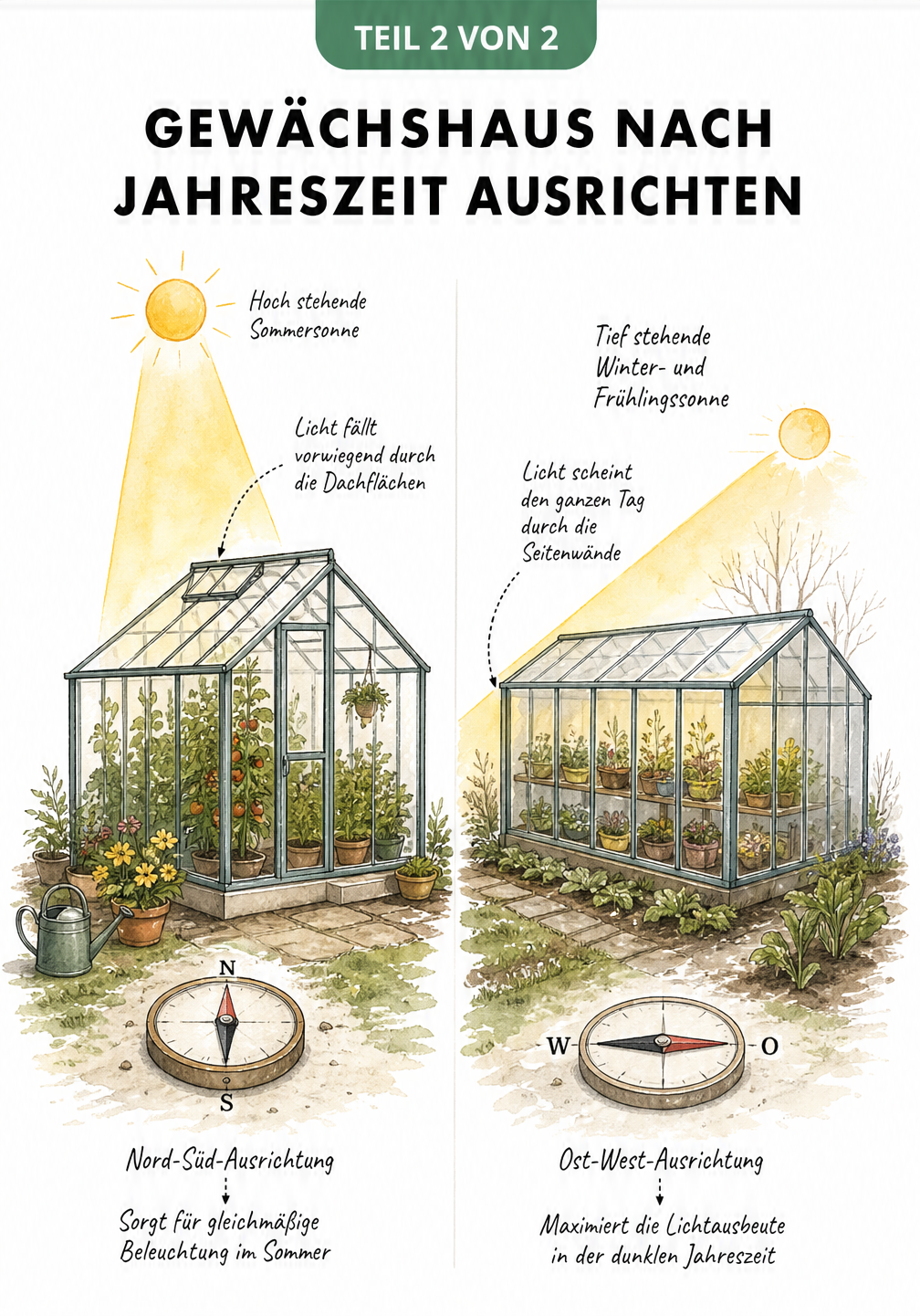 Zweigeteilte Illustration, die den Lichteinfall in ein Gewächshaus im Sommer bei Nord-Süd-Ausrichtung und im Winter bei Ost-West-Ausrichtung vergleicht.