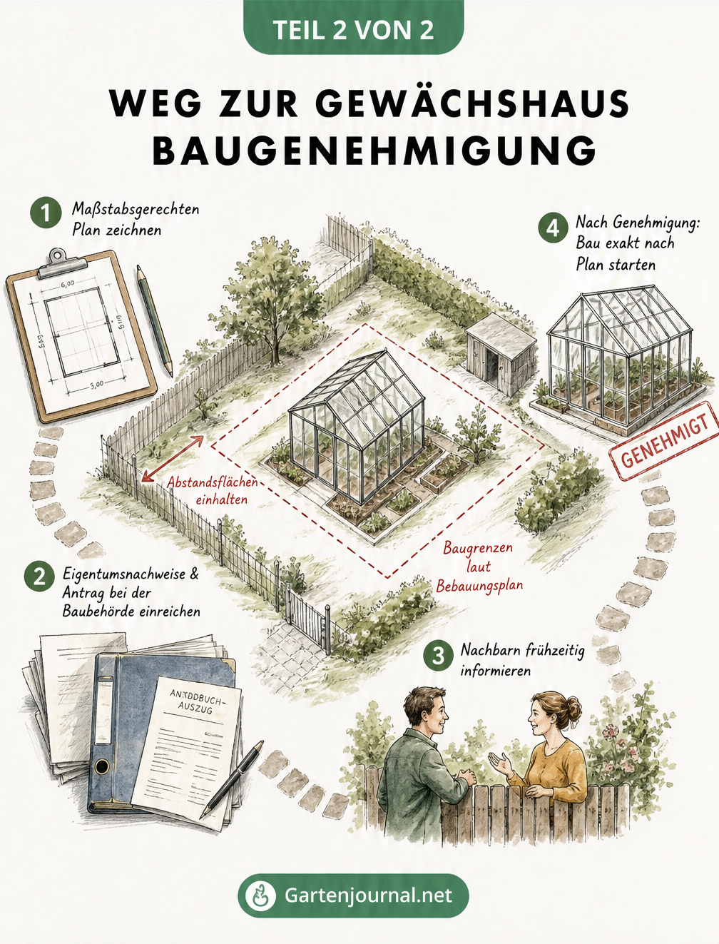 Isometrische Architekturskizze eines Gartengrundstücks, die den Weg zur Baugenehmigung für ein Gewächshaus in vier Schritten zeigt