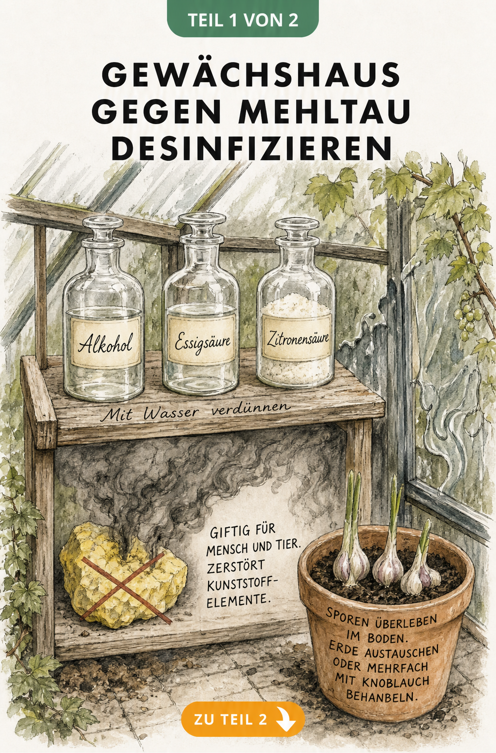 Aquarell-Zeichnung eines Holzregals im Gewächshaus mit Apothekerflaschen für Alkohol, Essigsäure und Zitronensäure sowie einem durchgestrichenen Schwefelbrocken