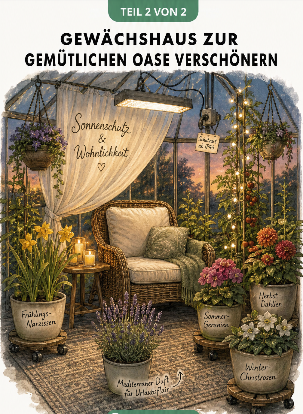 Gemütliche Gewächshaus-Ecke in der Dämmerung mit Korbsessel, Outdoor-Teppich, Lichterkette, Wachstumslampe und saisonalen Pflanzen.