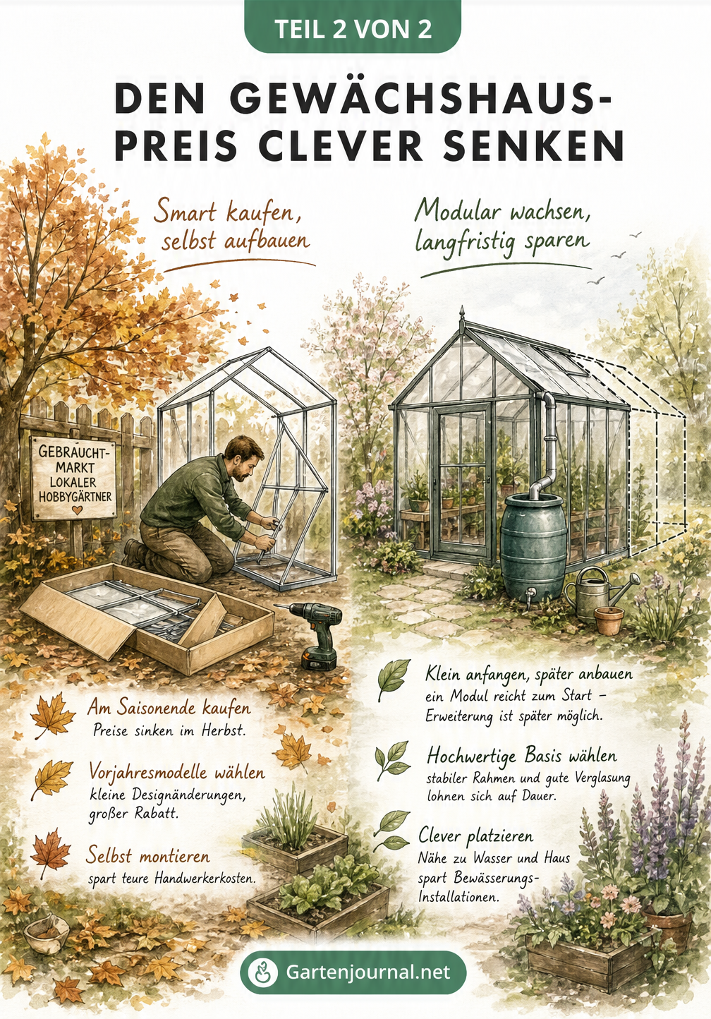 Illustration zweier Gärtner, die durch Eigenmontage, Bausätze und modulare Gewächshäuser Kosten sparen