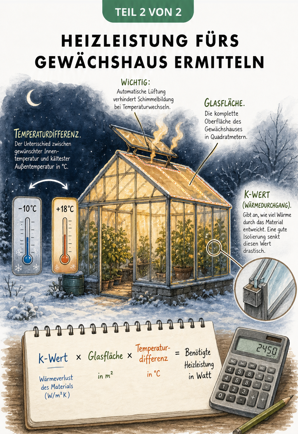 Schaubild zur Berechnung des Heizbedarfs für ein Gewächshaus mit Faktoren wie Temperaturdifferenz, Glasfläche und k-Wert