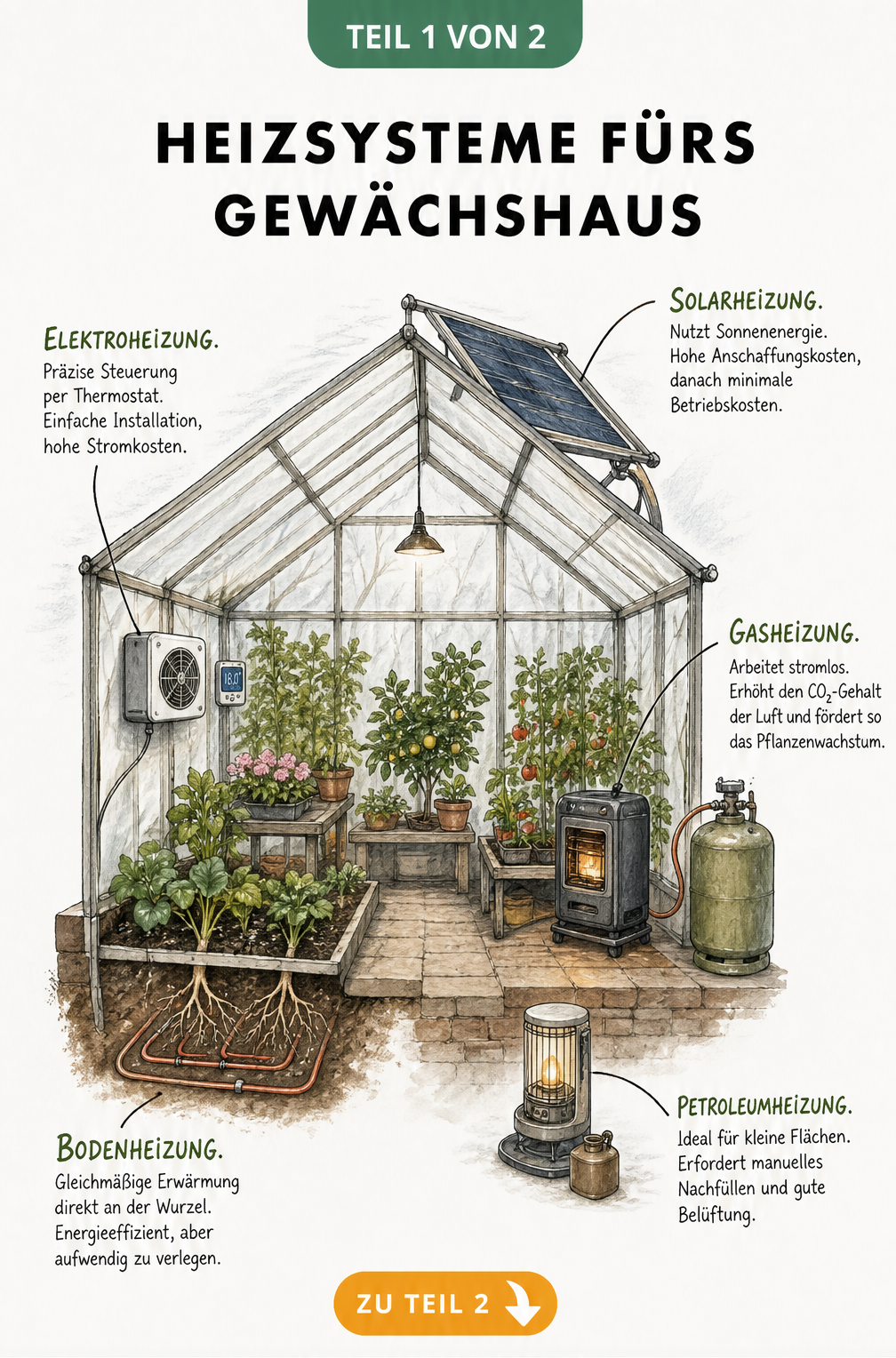 Illustration eines Gewächshauses mit verschiedenen Heizsystemen wie Bodenheizung, Elektroheizung, Gasheizung, Solarheizung und Petroleumofen