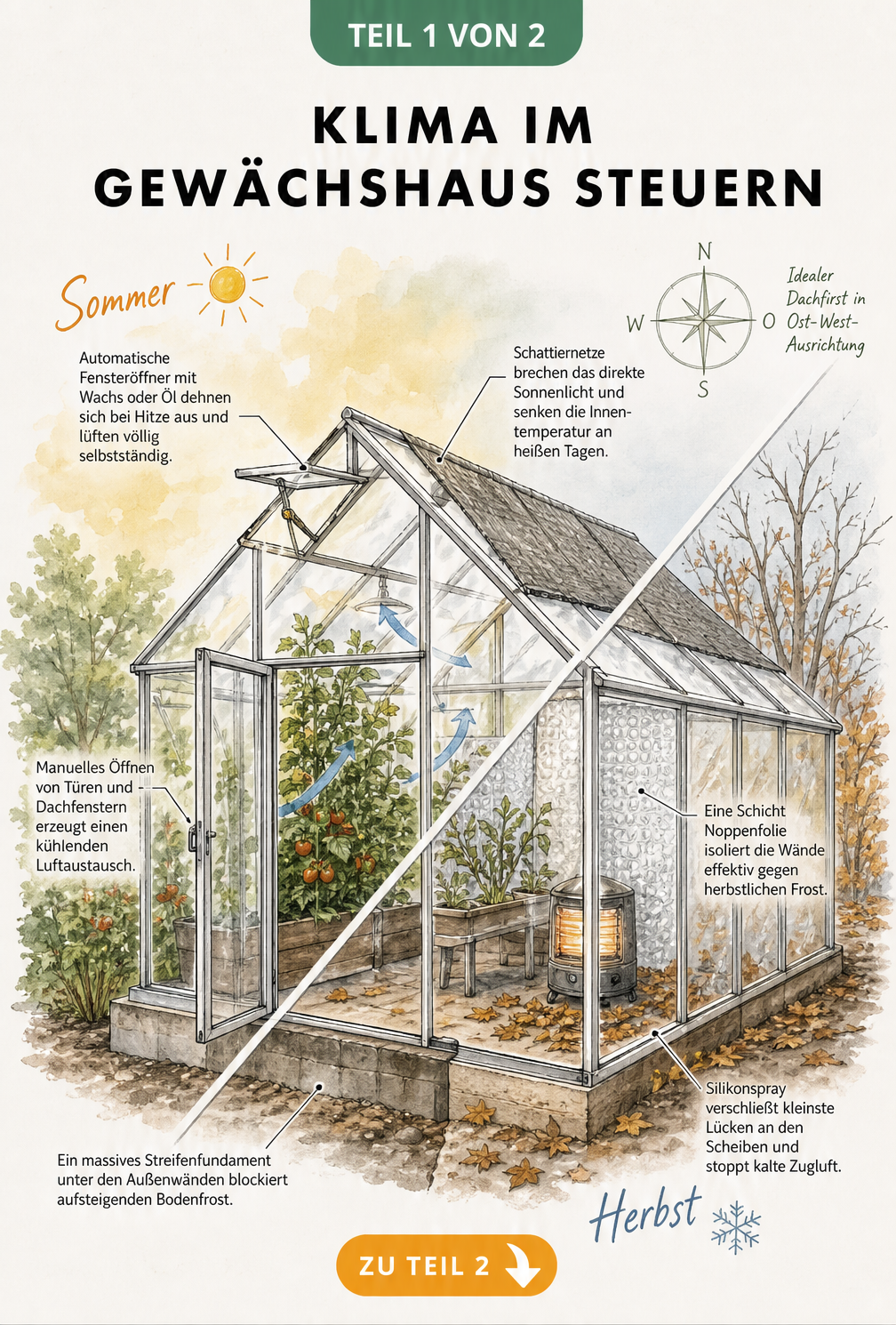 Querschnitt-Illustration eines Gewächshauses, die automatische Fensteröffner, Schattiernetze und Isolierung mit Noppenfolie zeigt