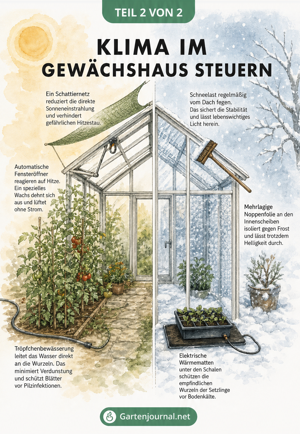 Illustration eines Gewächshauses im Sommer und Winter mit automatischen Fensteröffnern und Wärmematten