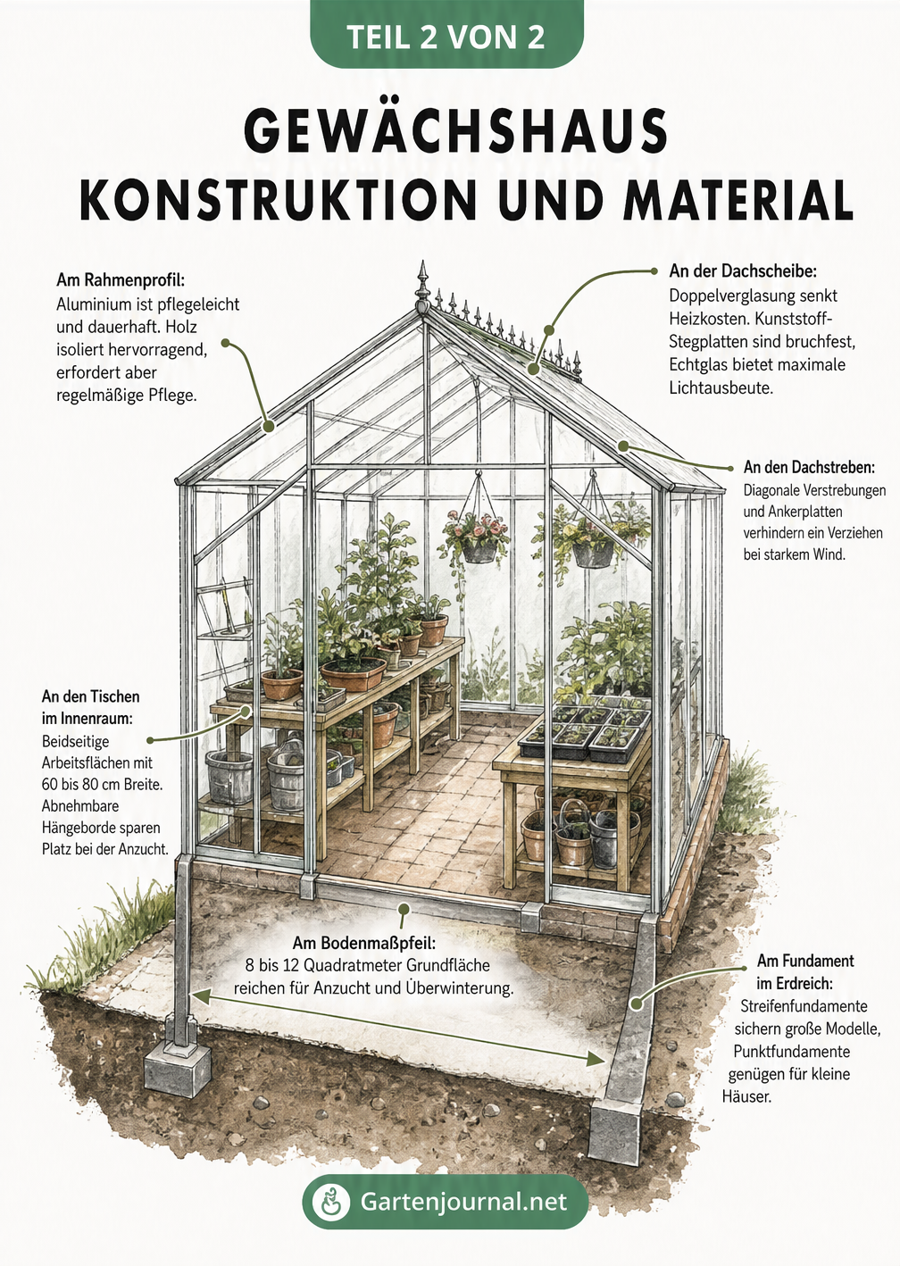 Schnittgrafik eines Gewächshauses mit Details zu Fundament, Rahmenmaterial, Verglasung und Innenausstattung