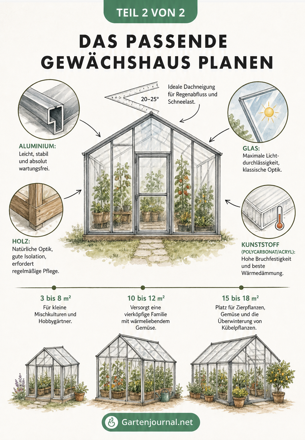 Bauplan eines Gewächshauses mit Details zu Dachneigung, Materialien wie Holz, Aluminium, Glas und Kunststoff sowie verschiedenen Größen