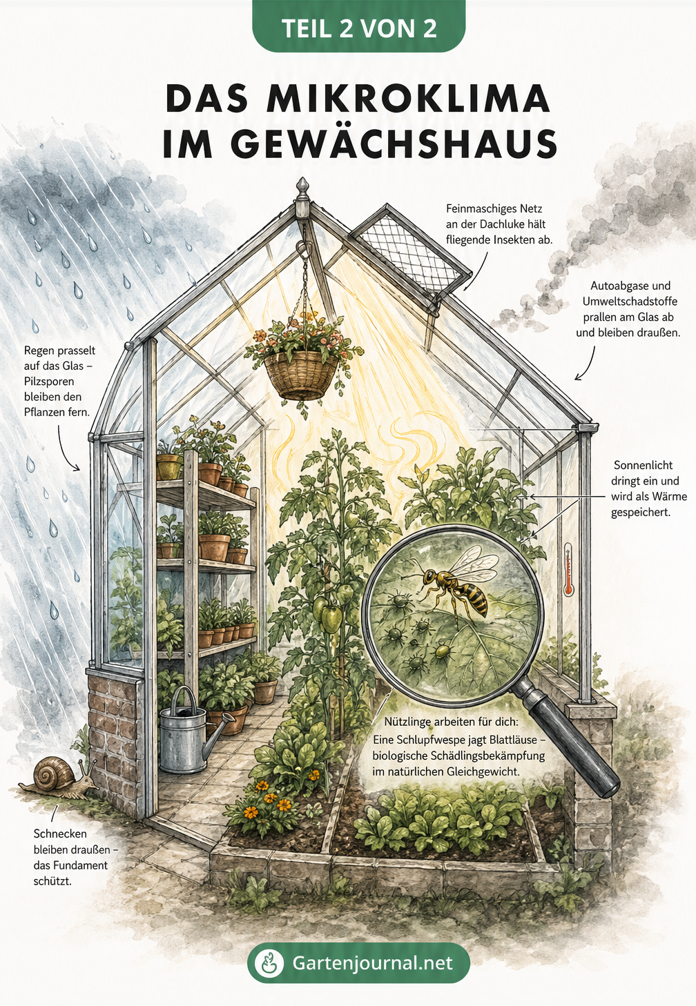 Schnittzeichnung eines Gewächshauses, das Pflanzen vor Regen, Schnecken und Abgasen schützt