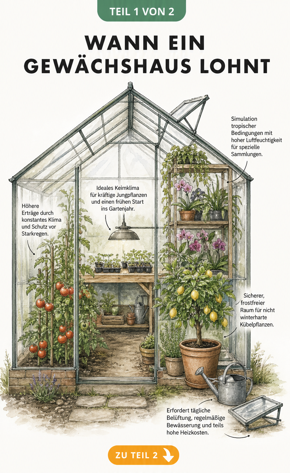 Illustration eines Gewächshauses im Querschnitt mit Tomaten, Anzuchttisch, Orchideen und Zitronenbaum