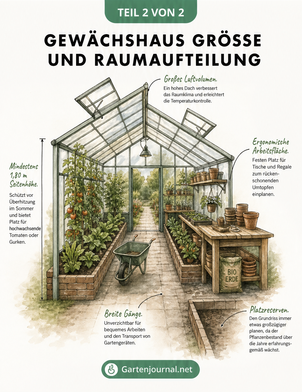 Querschnitt durch ein Gewächshaus mit Maßangaben zu Seitenhöhe, Luftvolumen, Gängen und Arbeitsflächen