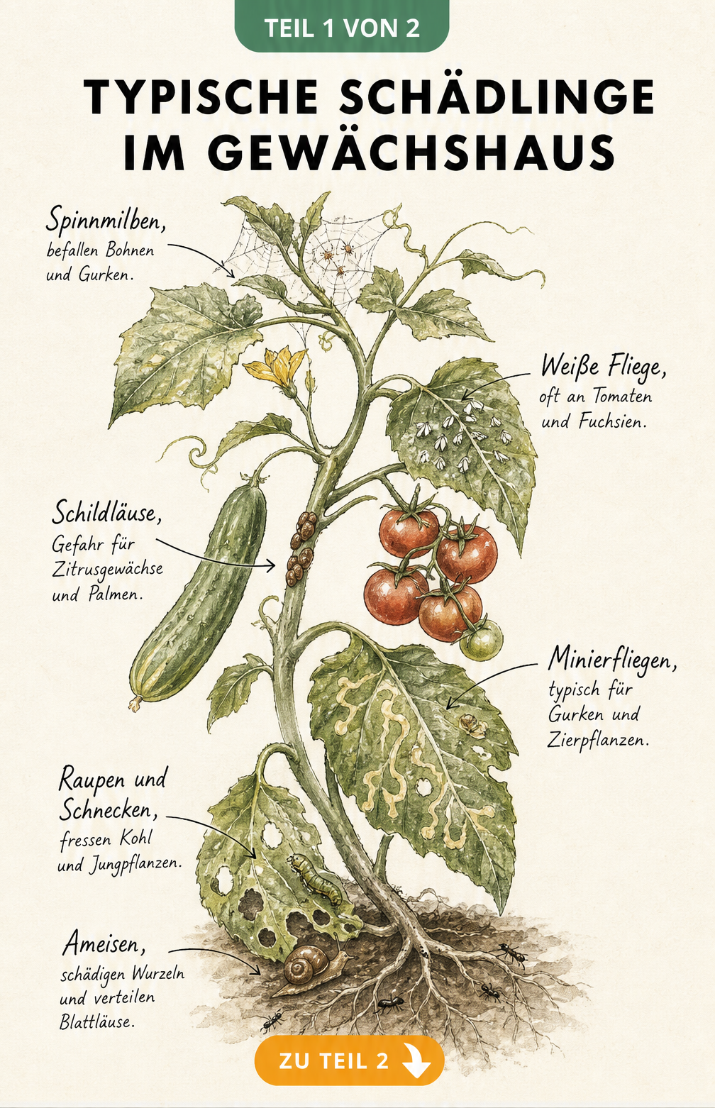 Botanische Handzeichnung von typischen Gewächshaus-Schädlingen wie Spinnmilben, Weiße Fliege, Schildläuse, Minierfliegen, Raupen, Schnecken und Ameisen an...