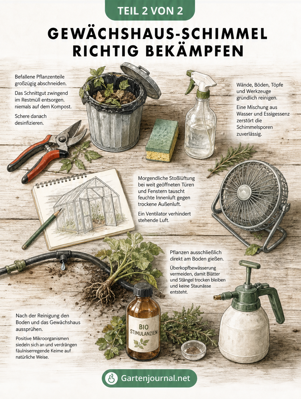 Flatlay-Illustration von Gartenwerkzeugen zur Schimmelbekämpfung: Gartenschere, Sprühflasche mit Essigwasser, geöffnetes Fenster, Tropfschlauch und...