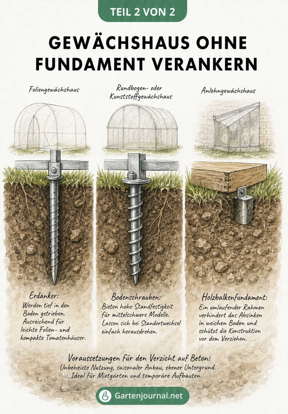 Querschnitt durch den Erdboden mit drei Verankerungsmethoden für Gewächshäuser ohne Betonfundament: Erdanker, Bodenschraube und Holzbalkenfundament.