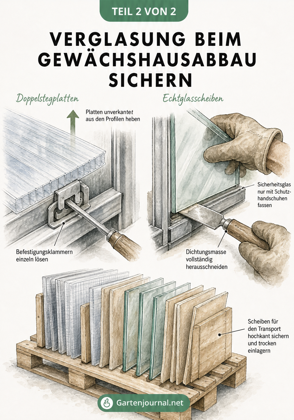 Querschnitt-Zeichnungen zur Demontage von Doppelstegplatten und Echtglas beim Gewächshaus