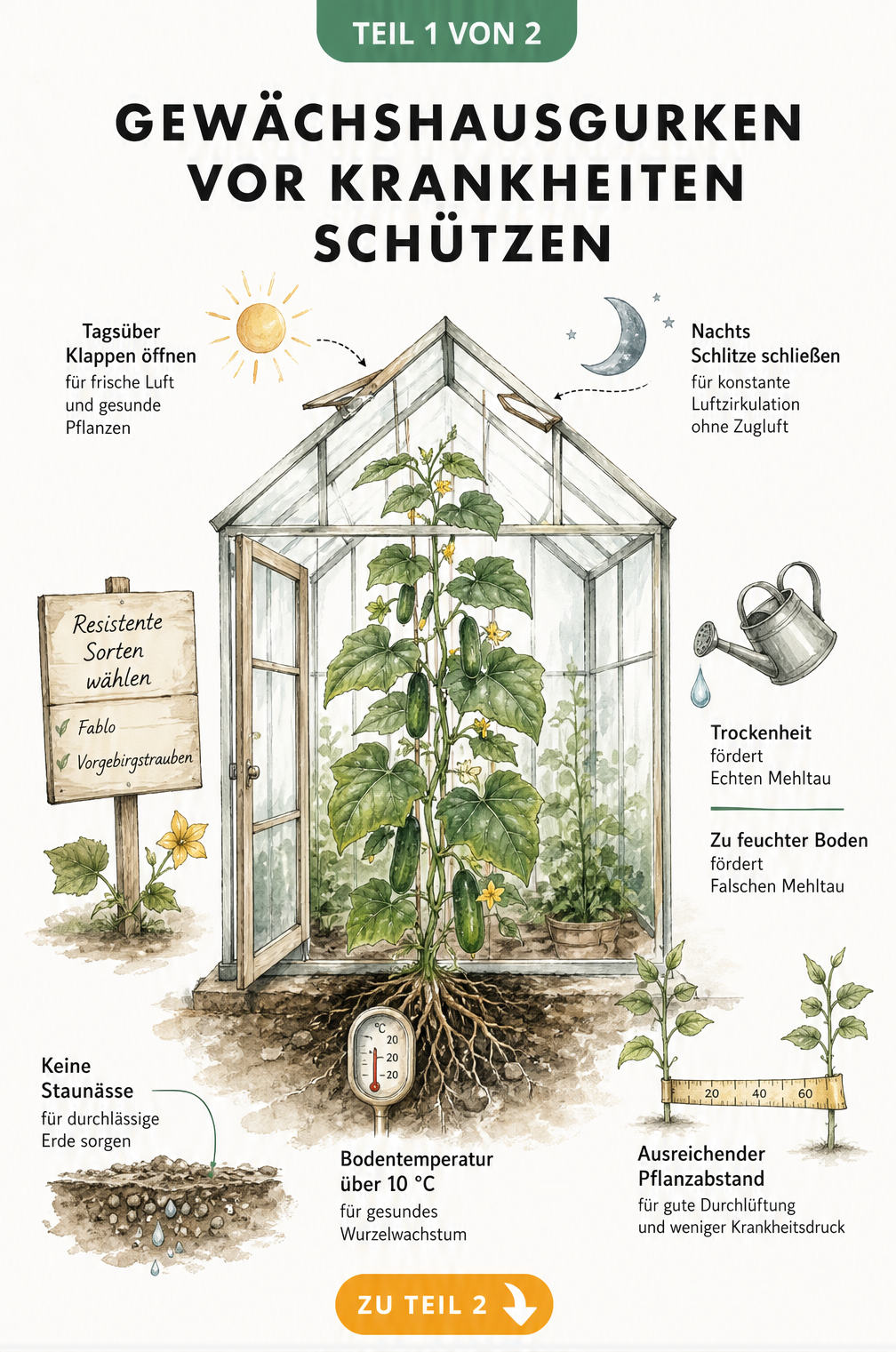 Illustration eines Gewächshauses mit einer Gurkenpflanze, die Tipps zu Lüftung, Bodentemperatur und Gießen zeigt