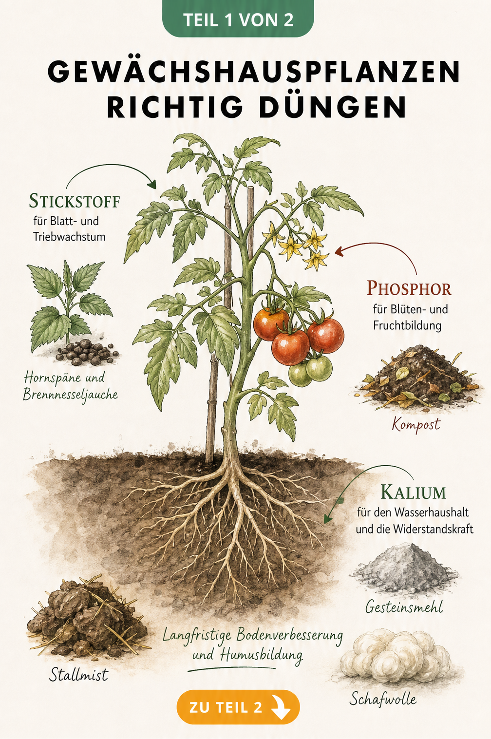 Botanische Illustration einer Gemüsepflanze im Querschnitt mit Nährstoffzuordnung für Stickstoff, Phosphor und Kalium