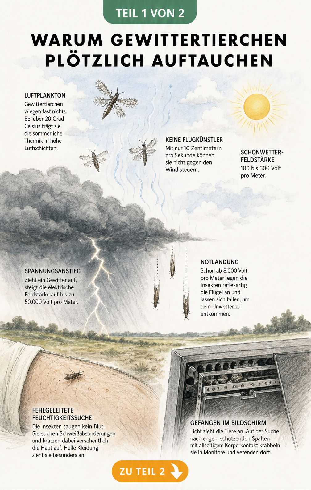 Illustration des Flug- und Fallverhaltens von Gewittertierchen bei aufziehendem Unwetter