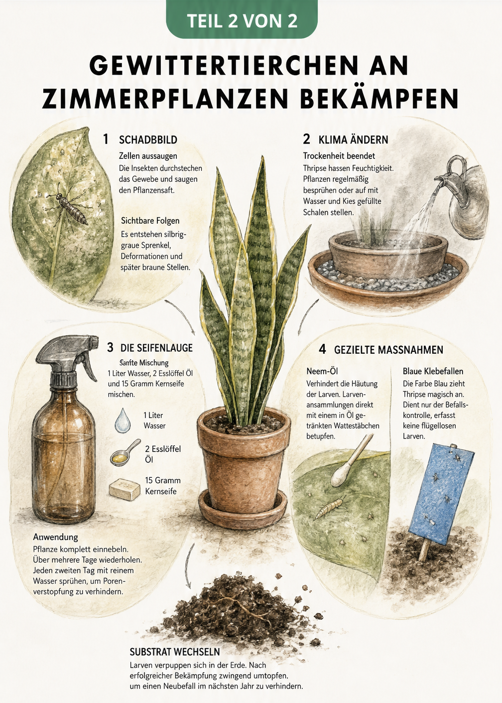 Botanische Skizze zur Bekämpfung von Gewittertierchen an Zimmerpflanzen mit Hausmitteln