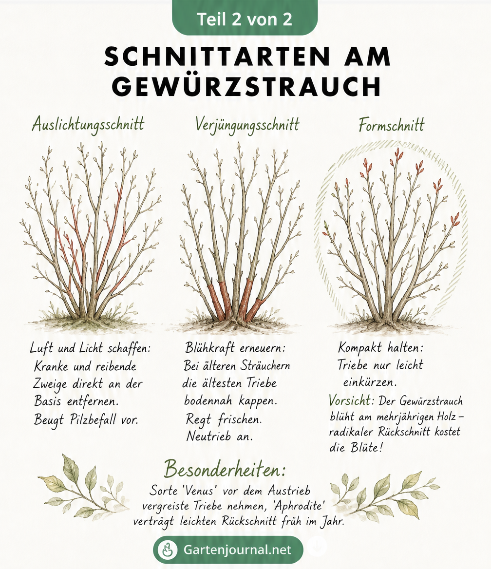 Skizze von drei Gewürzsträuchern, die Auslichtungsschnitt, Verjüngungsschnitt und Formschnitt mit markierten Ästen zeigen