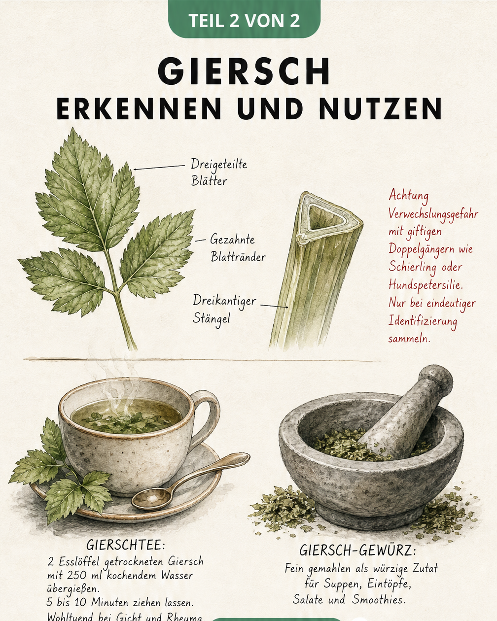 Illustration zur Bestimmung von Giersch und dessen Verwendung als Tee oder Gewürz