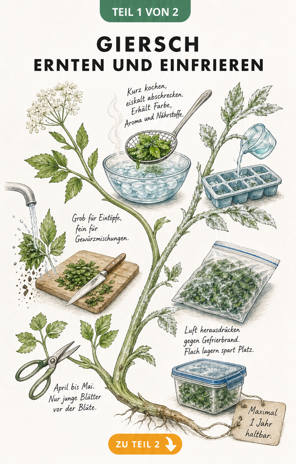 Botanische Illustration, die die Ernte, Vorbereitung und das Einfrieren von Giersch zeigt