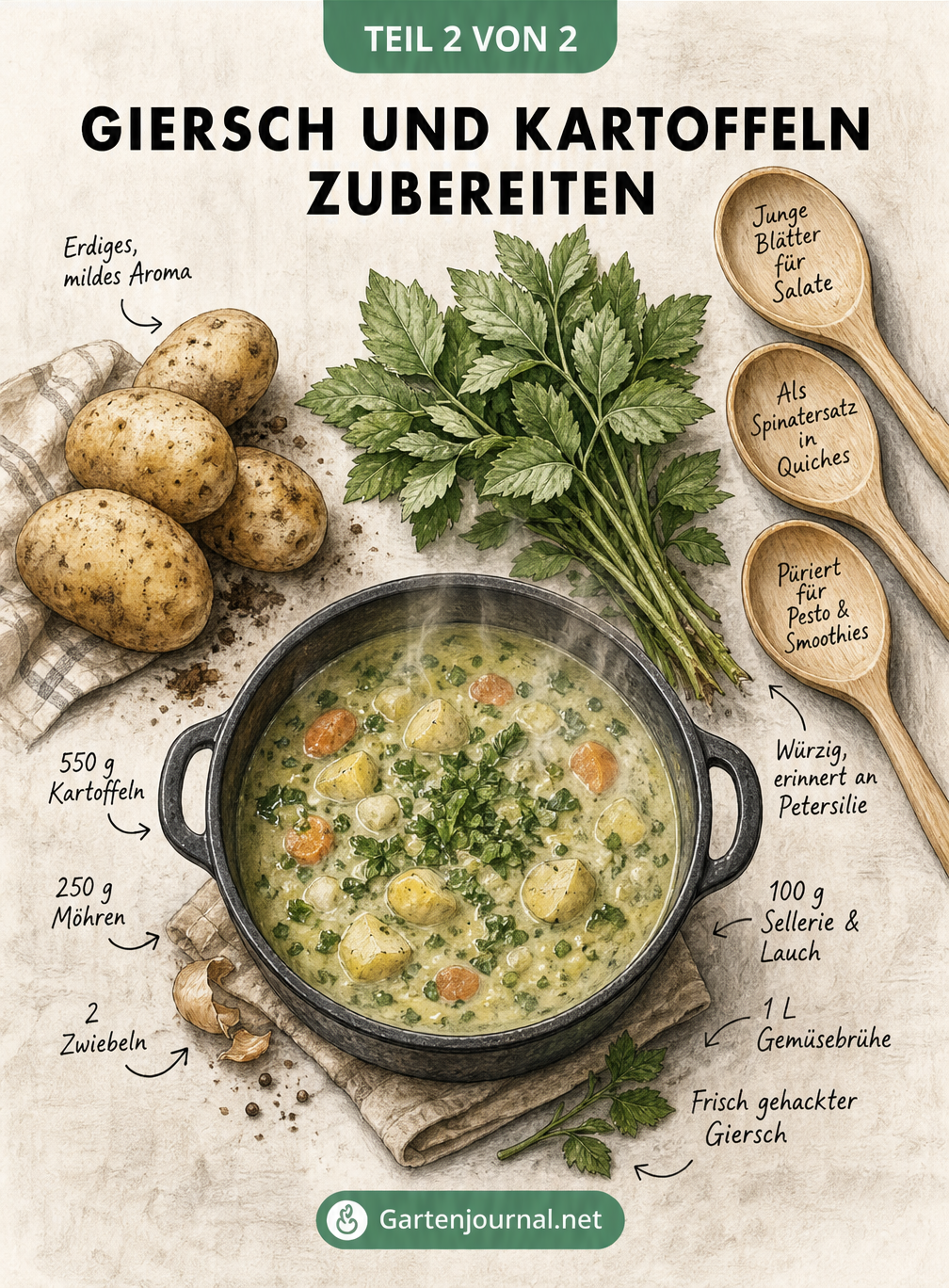 Aufsicht auf eine Küchenarbeitsfläche mit Kartoffeln, frischem Giersch und einem gusseisernen Suppentopf mit Zutaten