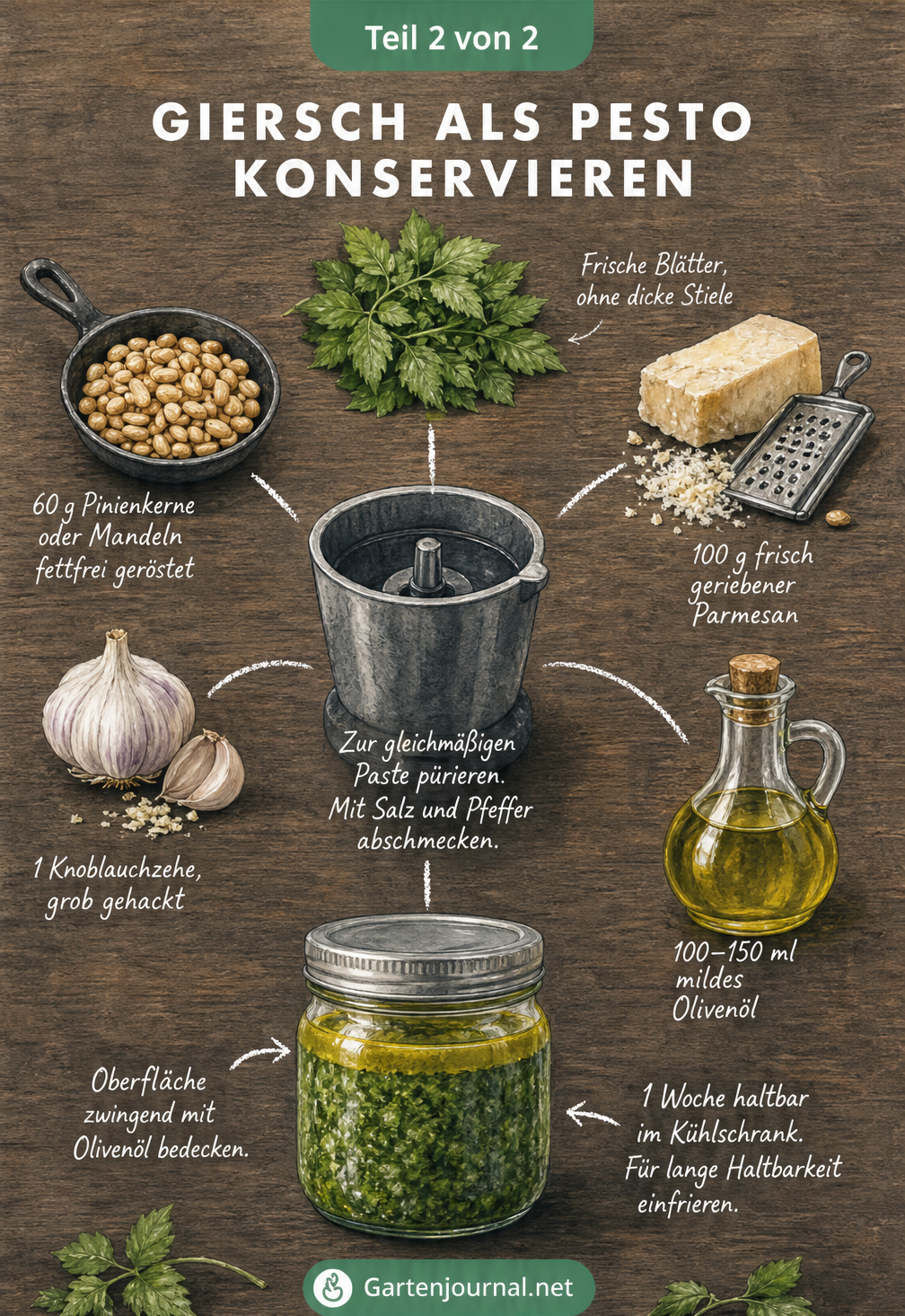 Illustration der Zutaten für Giersch-Pesto im Knolling-Stil mit frischen Blättern, Pinienkernen, Parmesan, Knoblauch und Olivenöl