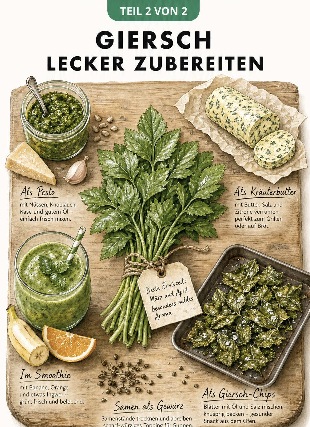 Illustration verschiedener Giersch-Rezepte wie Pesto, Kräuterbutter, Smoothie und Chips auf einem Holzbrett