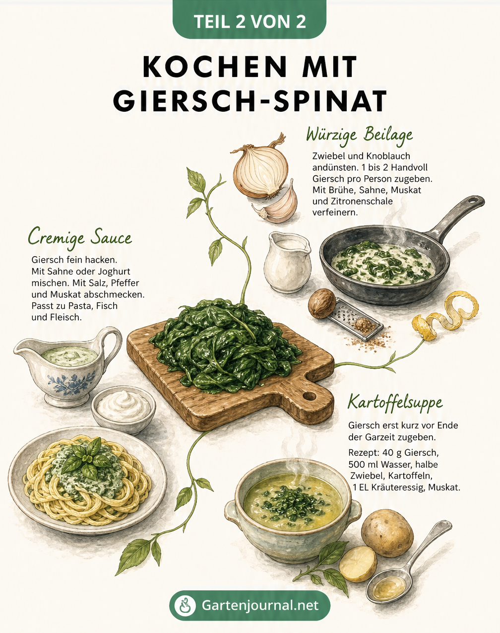 Drei Rezeptideen für Giersch-Spinat: als würzige Beilage aus der Pfanne, in einer cremigen Sauce oder als Zutat in einer Kartoffelsuppe