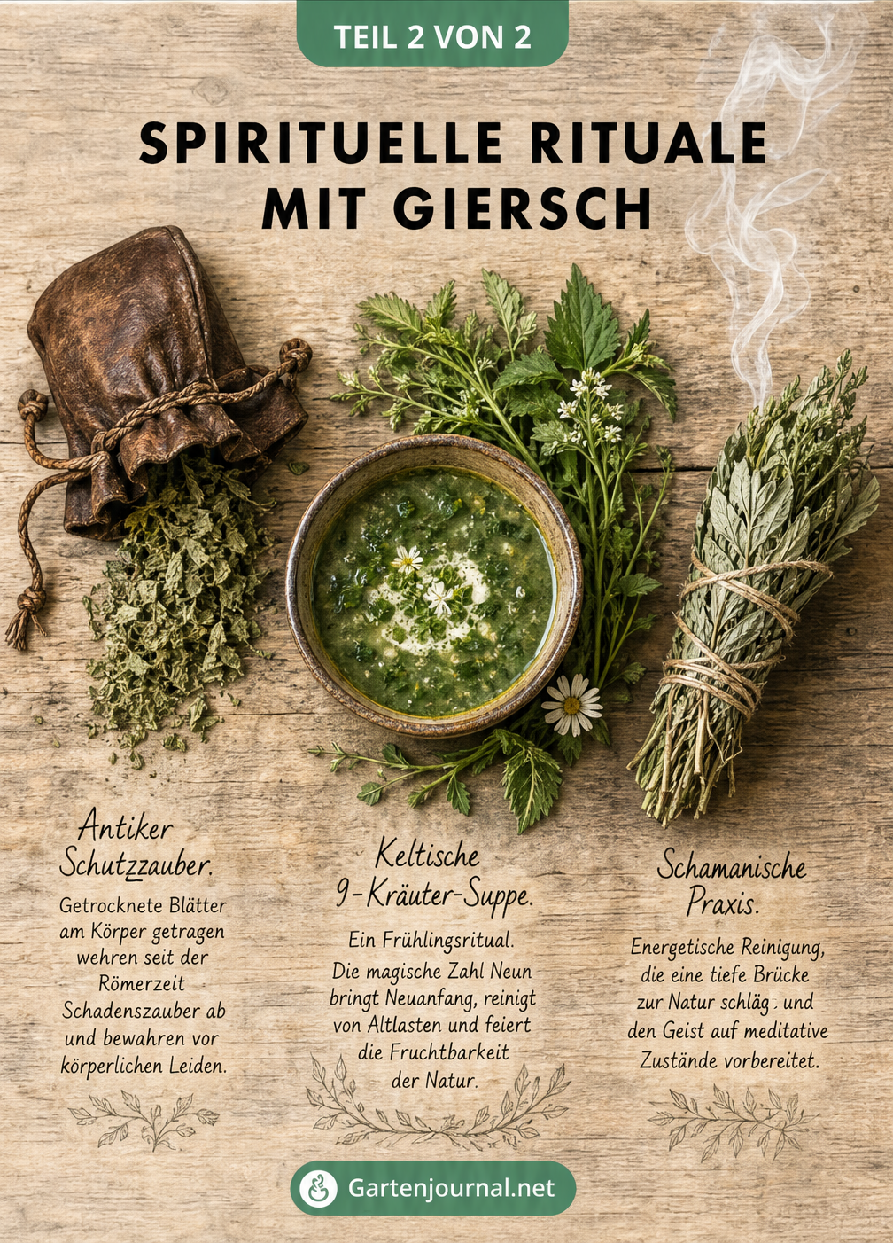 Illustration von drei spirituellen Ritualen mit Giersch: ein Schutzamulett, eine 9-Kräuter-Suppe und ein Räucherbündel auf einem Holztisch