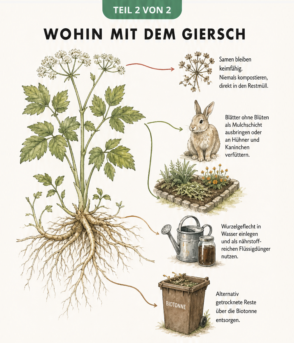 Anatomische Zeichnung einer Gierschpflanze mit Erklärungen zur Verwertung von Blüten, Blättern und Wurzeln