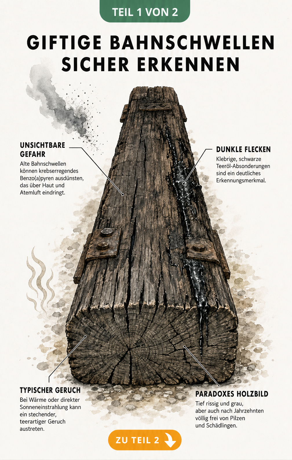 Illustration einer verwitterten Bahnschwelle mit Hinweisen auf giftige Ausdünstungen, Teergeruch und schwarze Absonderungen