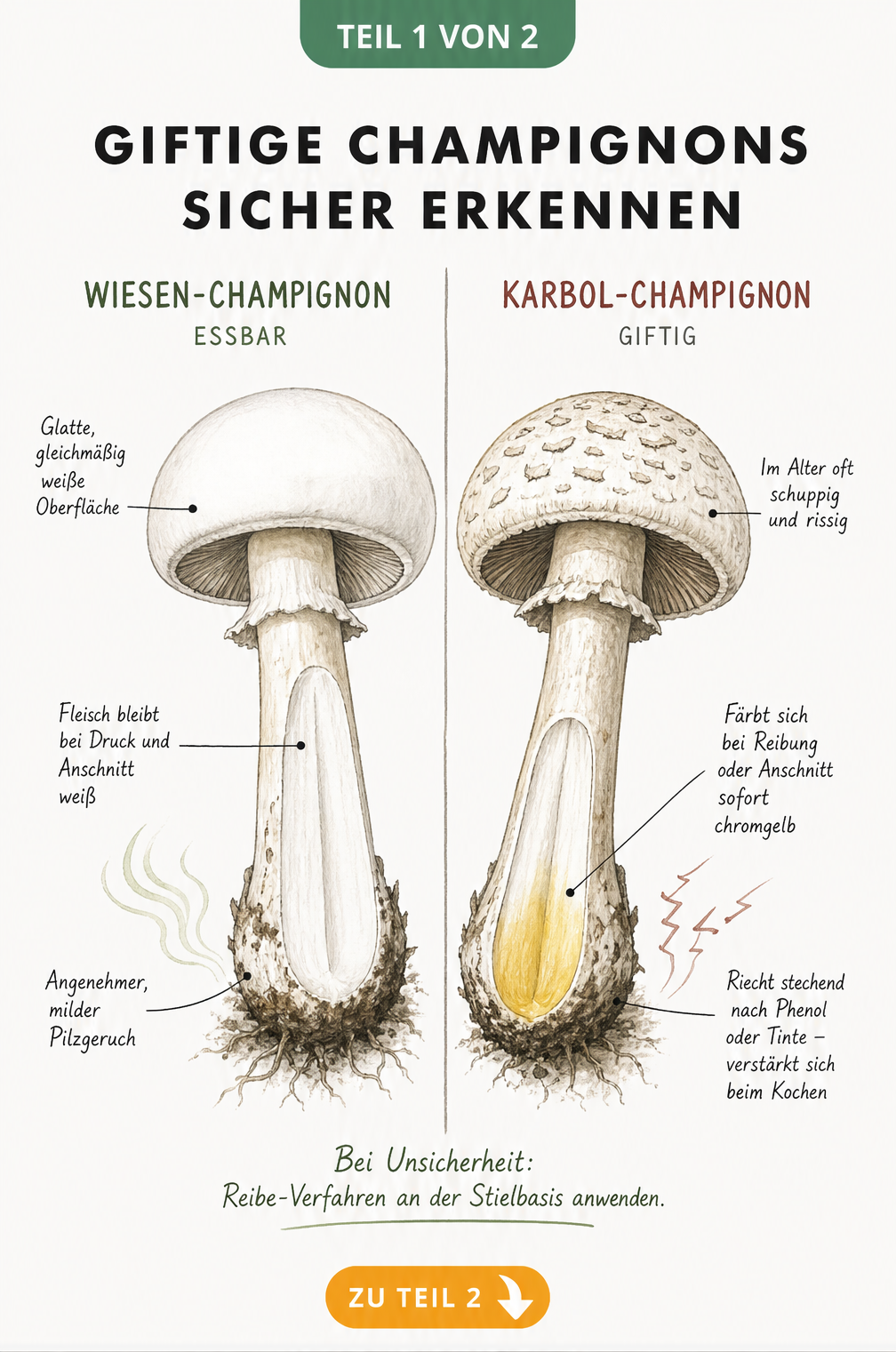 Botanische Illustration zur Unterscheidung von essbarem Wiesen-Champignon und giftigem Karbol-Champignon