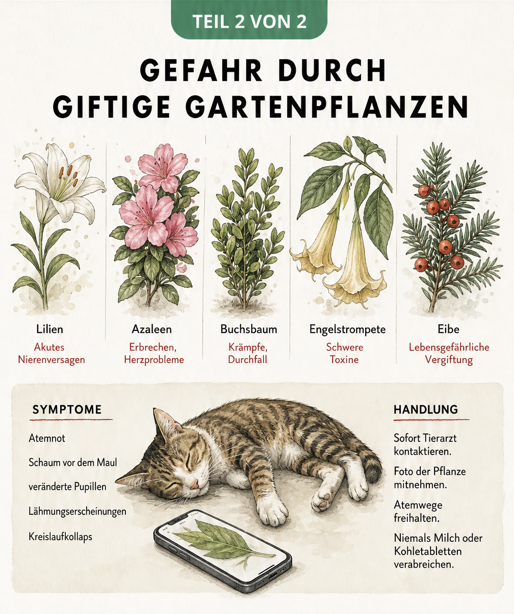 Illustration von fünf giftigen Gartenpflanzen wie Lilien und Buchsbaum sowie Erste-Hilfe-Tipps bei Vergiftungen von Katzen