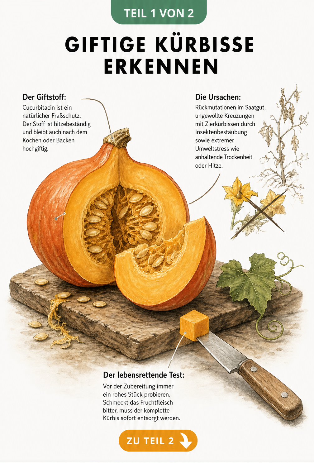 Botanische Illustration eines aufgeschnittenen Hokkaido-Kürbisses mit Erklärungen zu Cucurbitacin und dem Geschmackstest